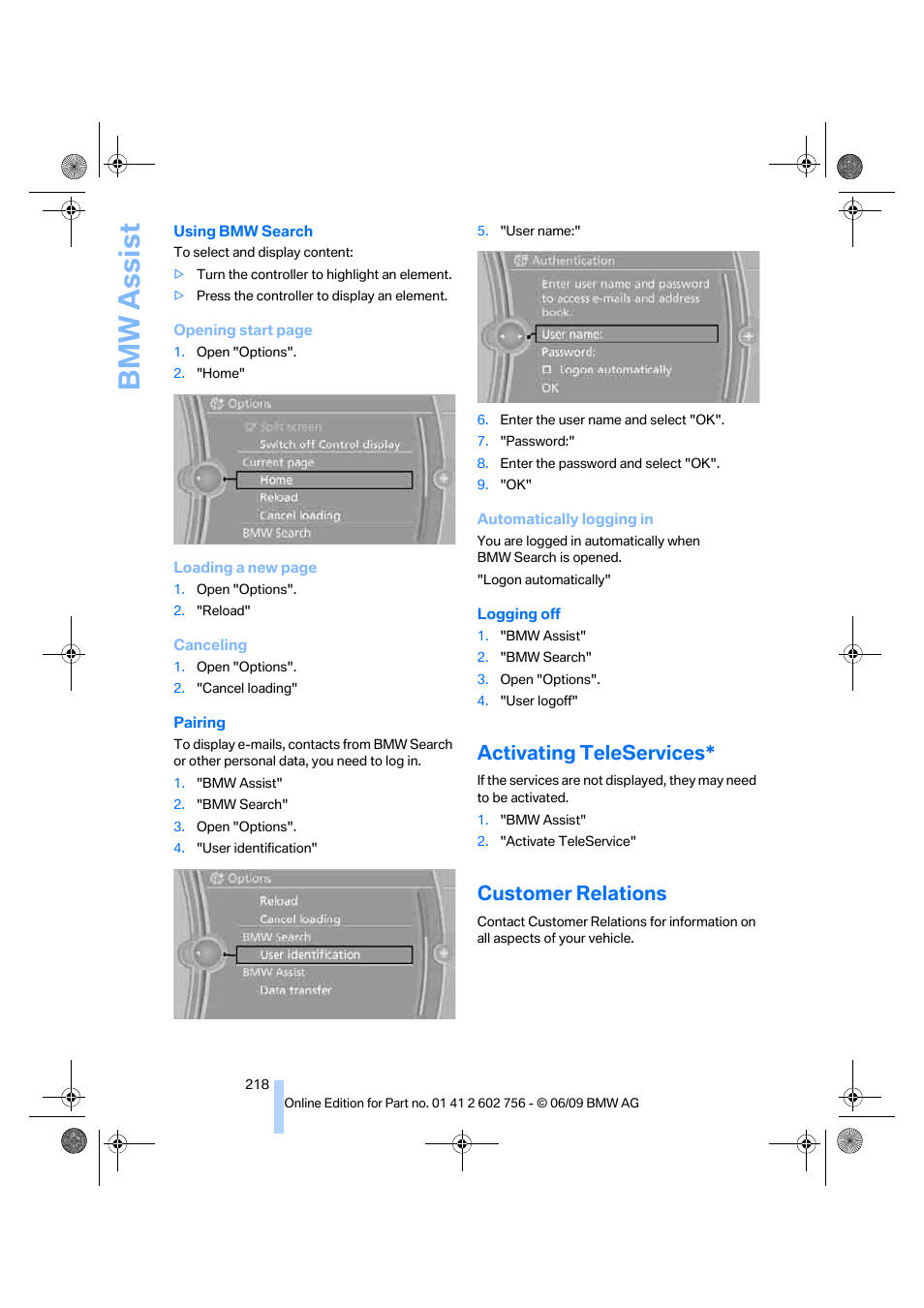 Activating teleservices, Customer relations, Bmw assist | BMW X6 M 2010 User Manual | Page 220 / 300