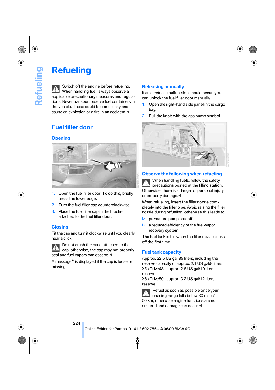 Refueling, Fuel filler door, Lity | BMW X6 M 2010 User Manual | Page 226 / 300