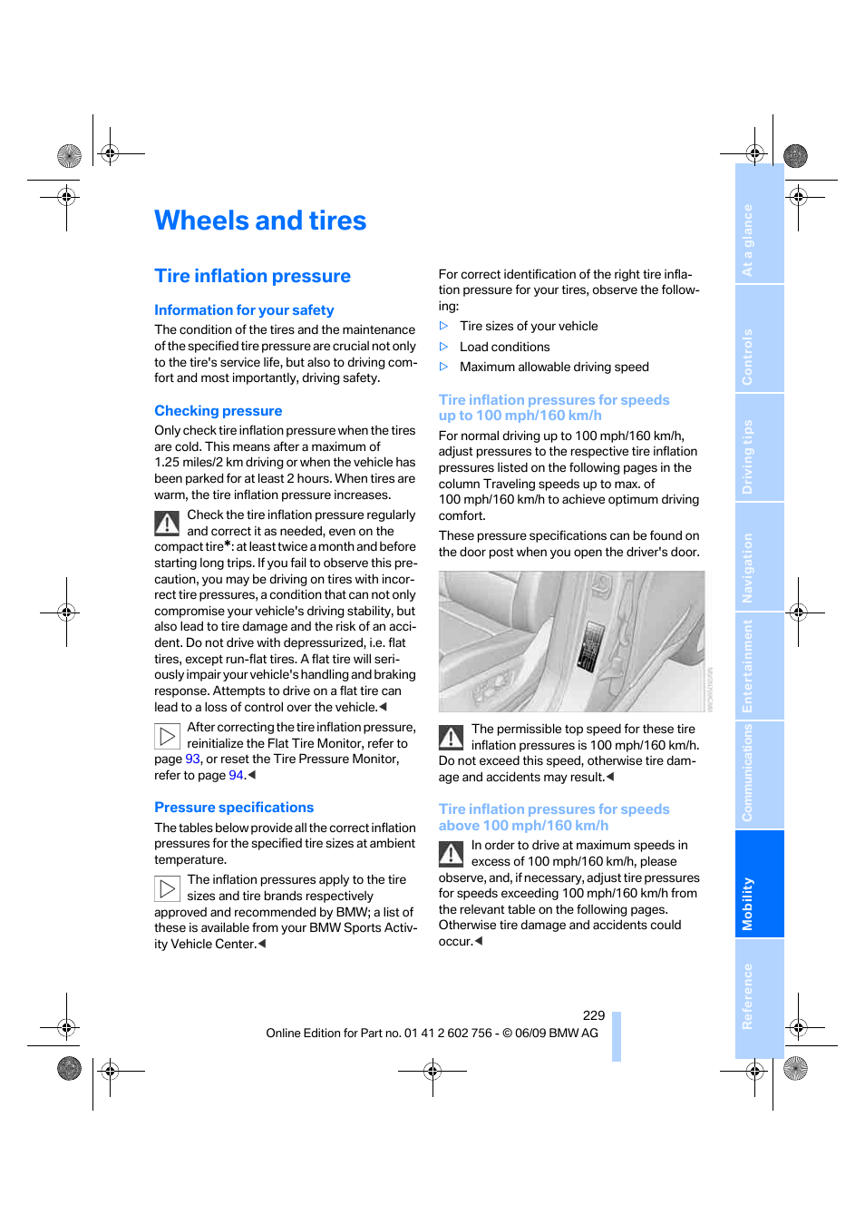 Wheels and tires, Tire inflation pressure | BMW X6 M 2010 User Manual | Page 231 / 300