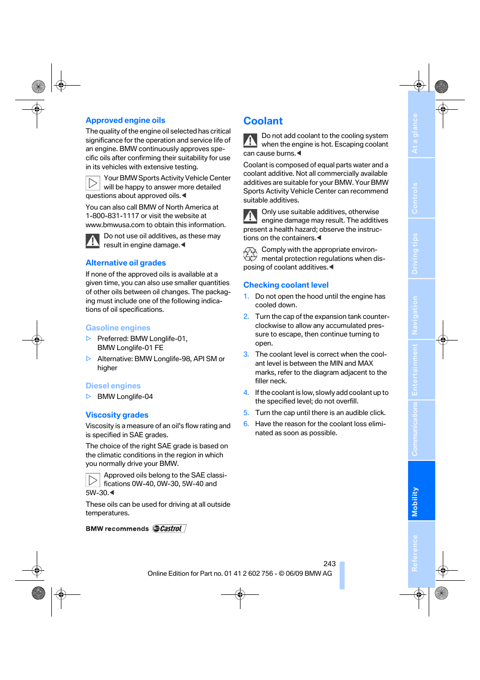 Coolant | BMW X6 M 2010 User Manual | Page 245 / 300