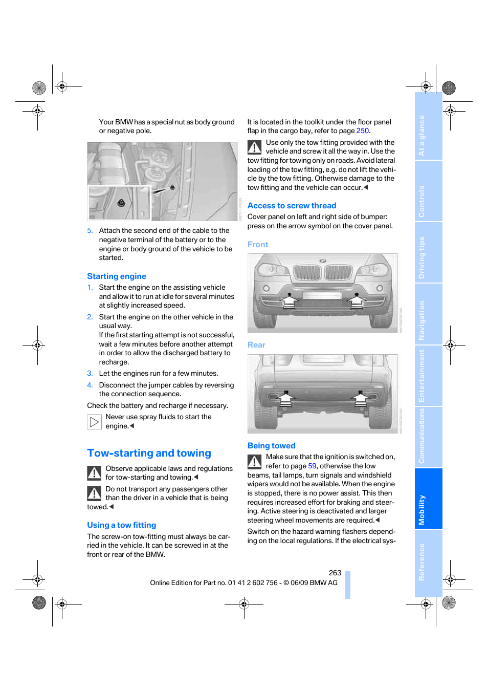 Tow-starting and towing | BMW X6 M 2010 User Manual | Page 265 / 300