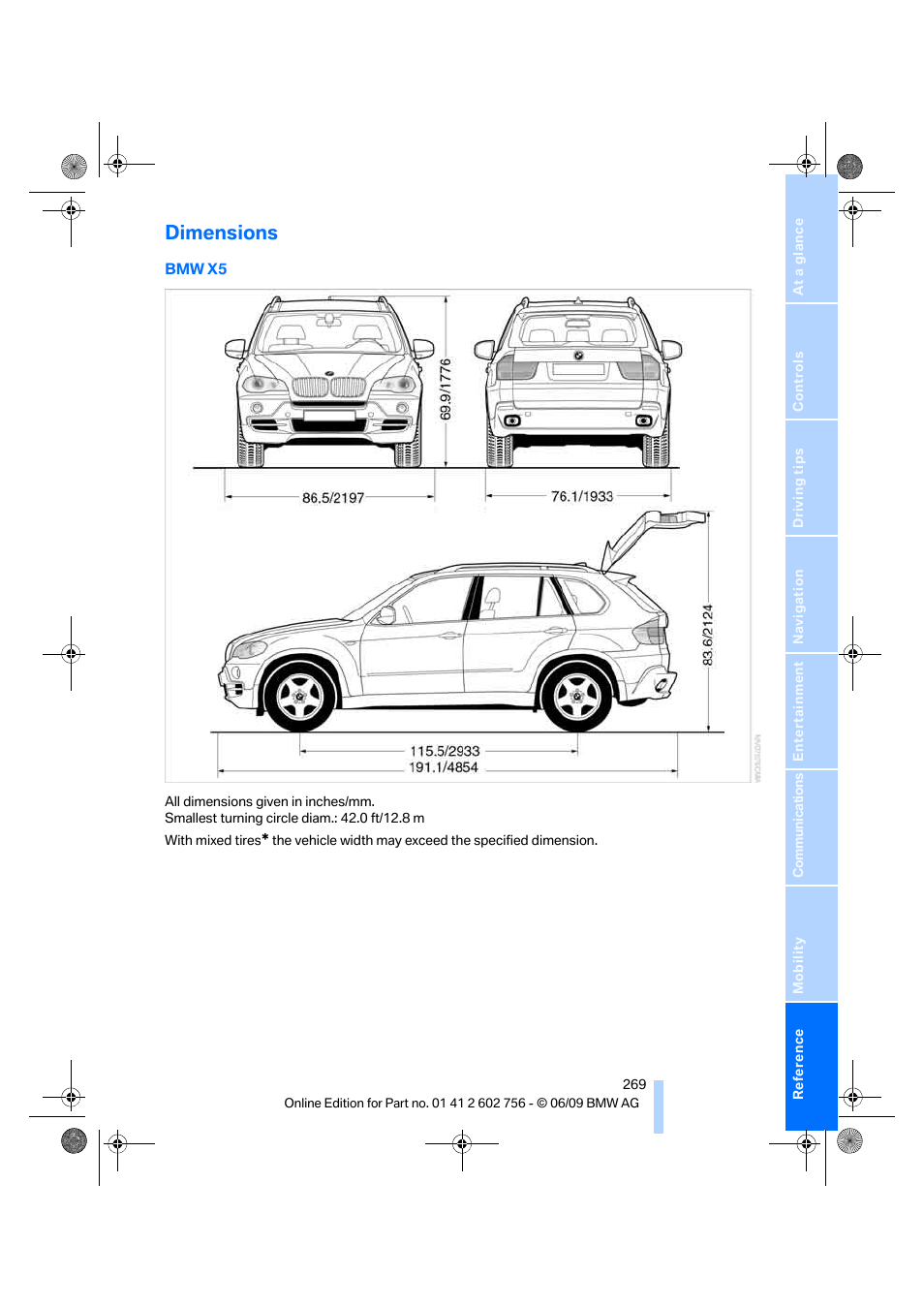 Dimensions | BMW X6 M 2010 User Manual | Page 271 / 300