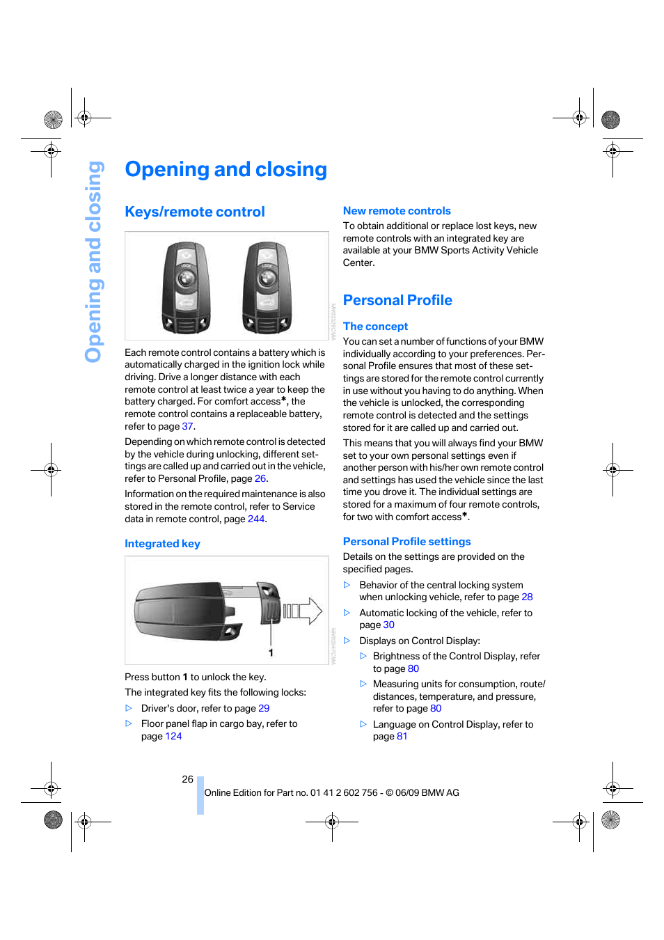 Opening and closing, Keys/remote control, Personal profile | BMW X6 M 2010 User Manual | Page 28 / 300