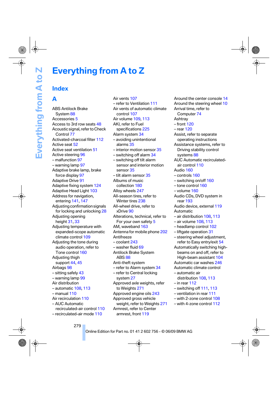 Everything from a to z, Index, Index a | BMW X6 M 2010 User Manual | Page 281 / 300