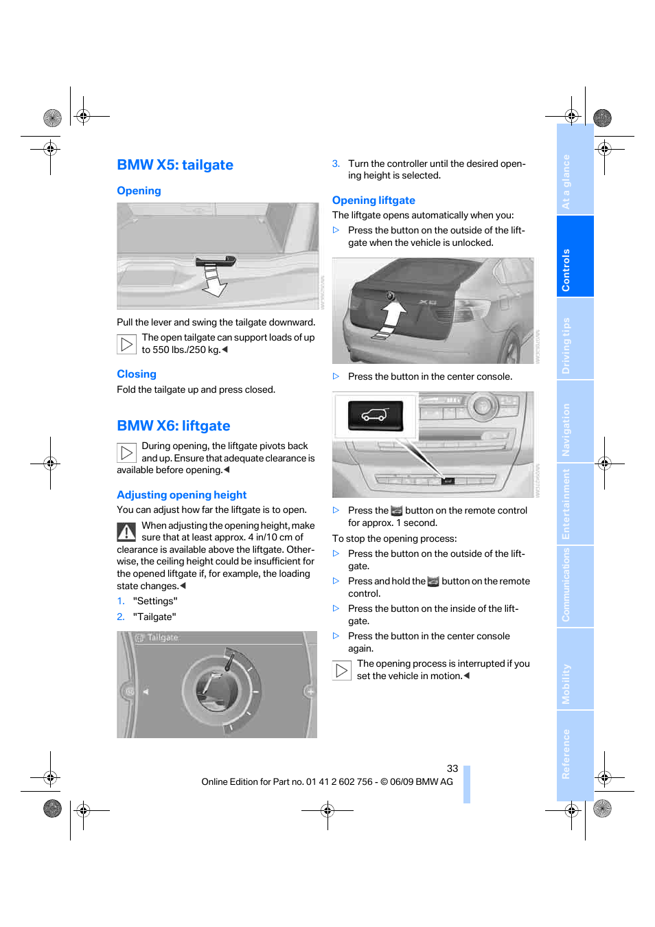 Bmw x5: tailgate, Bmw x6: liftgate | BMW X6 M 2010 User Manual | Page 35 / 300