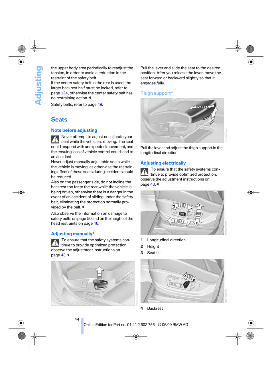 Seats, Adjusting | BMW X6 M 2010 User Manual | Page 46 / 300