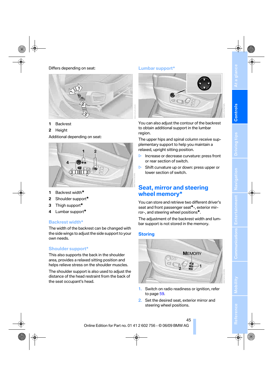 Seat, mirror and steering wheel memory | BMW X6 M 2010 User Manual | Page 47 / 300