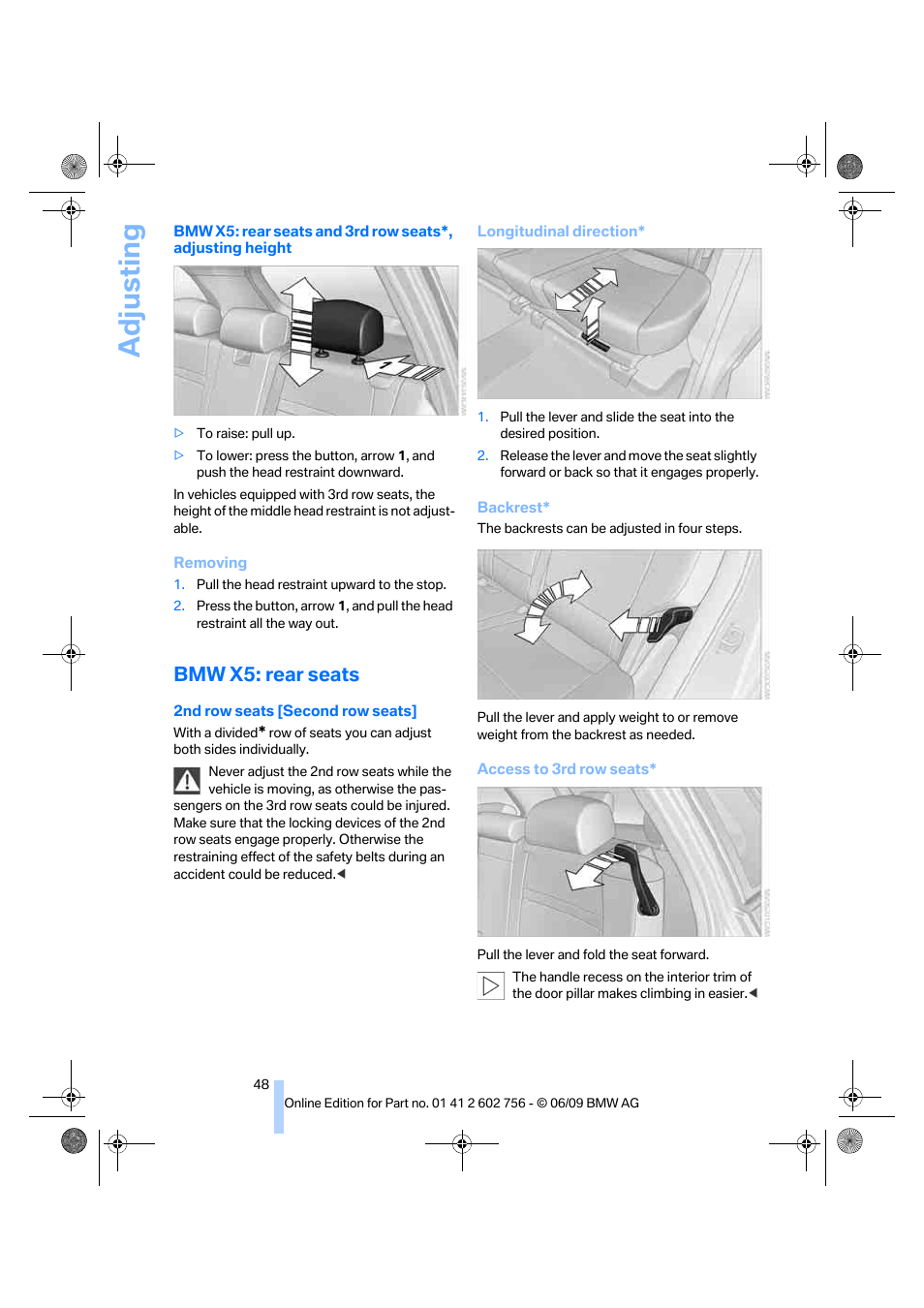 Bmw x5: rear seats, Adjusting | BMW X6 M 2010 User Manual | Page 50 / 300