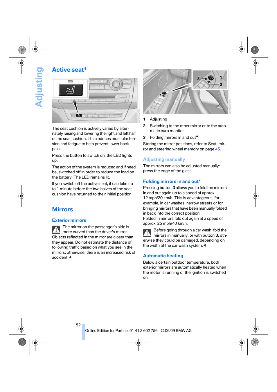 Active seat, Mirrors, Adjusting | BMW X6 M 2010 User Manual | Page 54 / 300