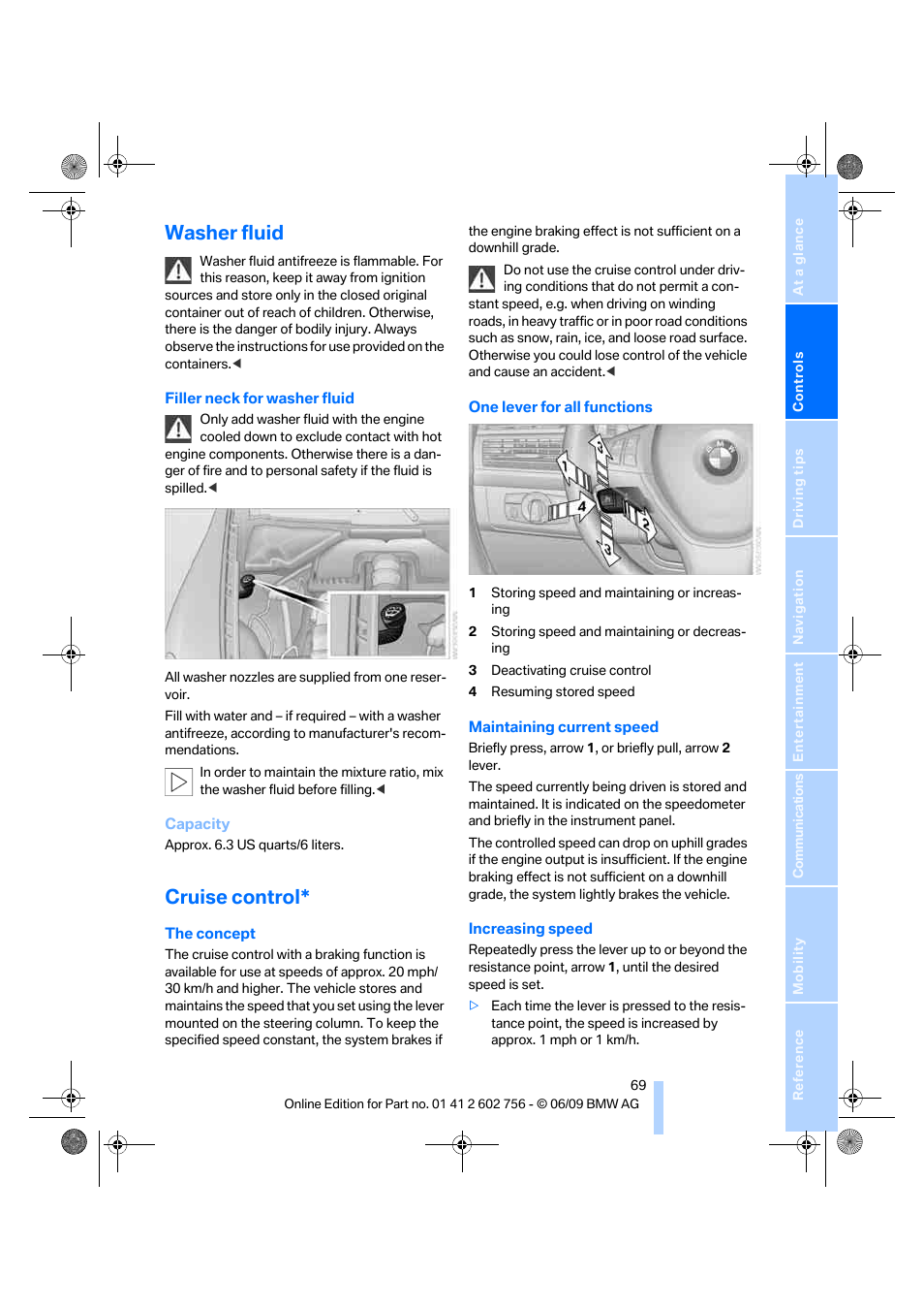 Washer fluid, Cruise control | BMW X6 M 2010 User Manual | Page 71 / 300