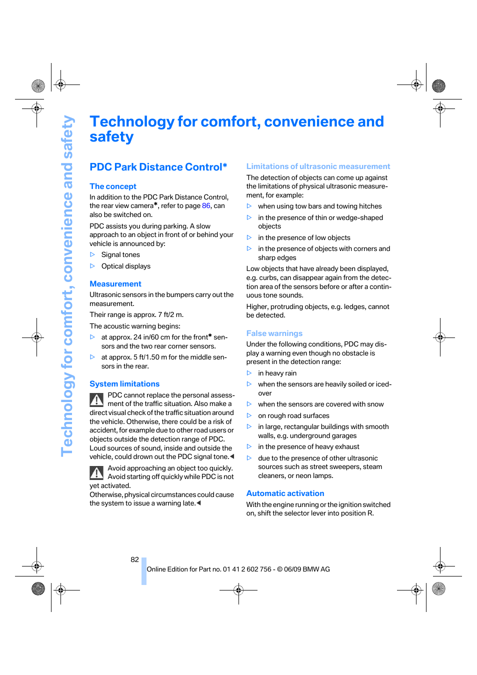 Technology for comfort, convenience and safety, Pdc park distance control | BMW X6 M 2010 User Manual | Page 84 / 300