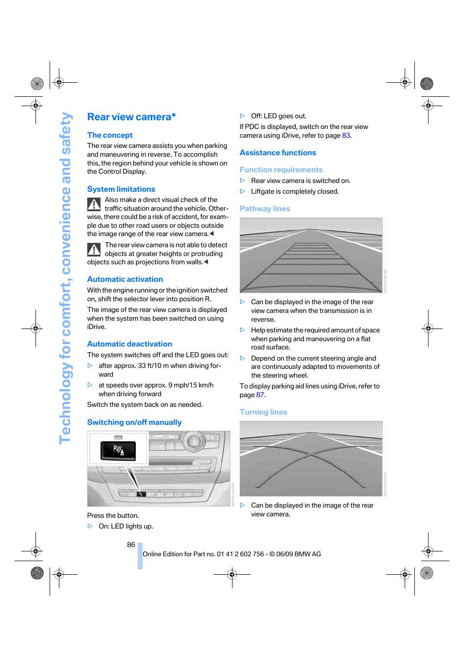 Rear view camera, Technology for comfort, convenience and safety | BMW X6 M 2010 User Manual | Page 88 / 300