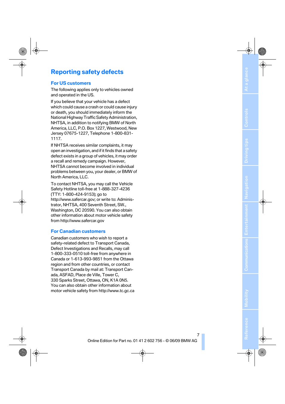 Reporting safety defects | BMW X6 M 2010 User Manual | Page 9 / 300