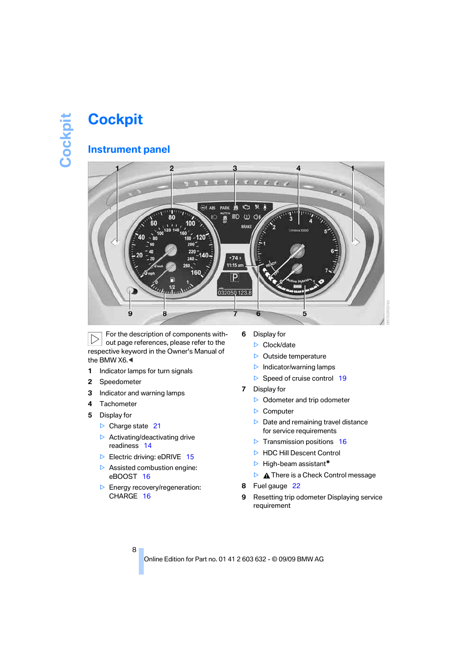 Cockpit, Instrument panel, Lanc | BMW ActiveHybrid X6 2010 User Manual | Page 10 / 54