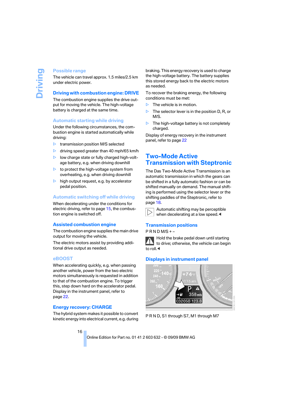 Two-mode active transmission with steptronic, Driving | BMW ActiveHybrid X6 2010 User Manual | Page 18 / 54