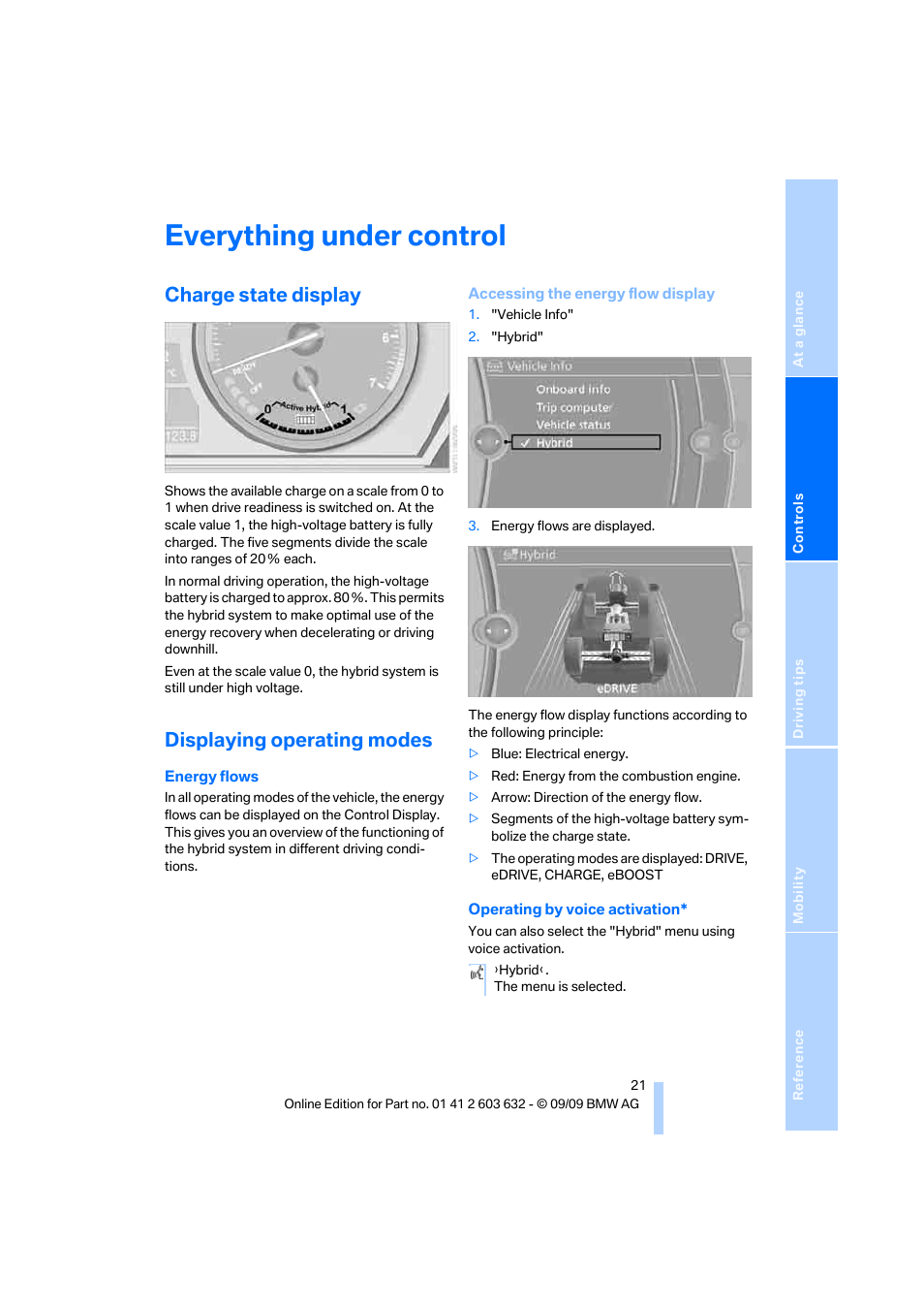 Everything under control, Charge state display, Displaying operating modes | BMW ActiveHybrid X6 2010 User Manual | Page 23 / 54