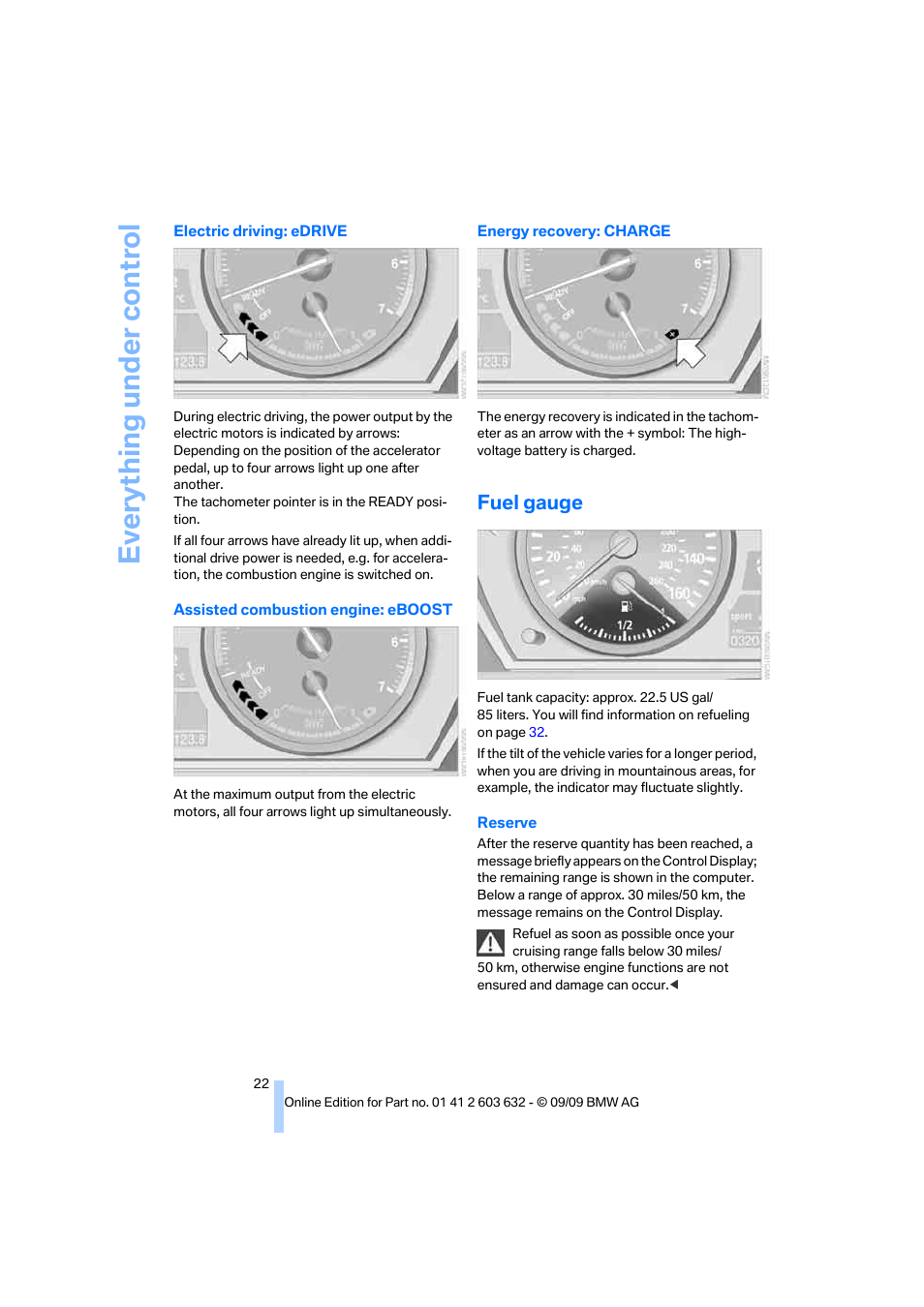 Fuel gauge, Eve ryth ing un de r co nt rol | BMW ActiveHybrid X6 2010 User Manual | Page 24 / 54