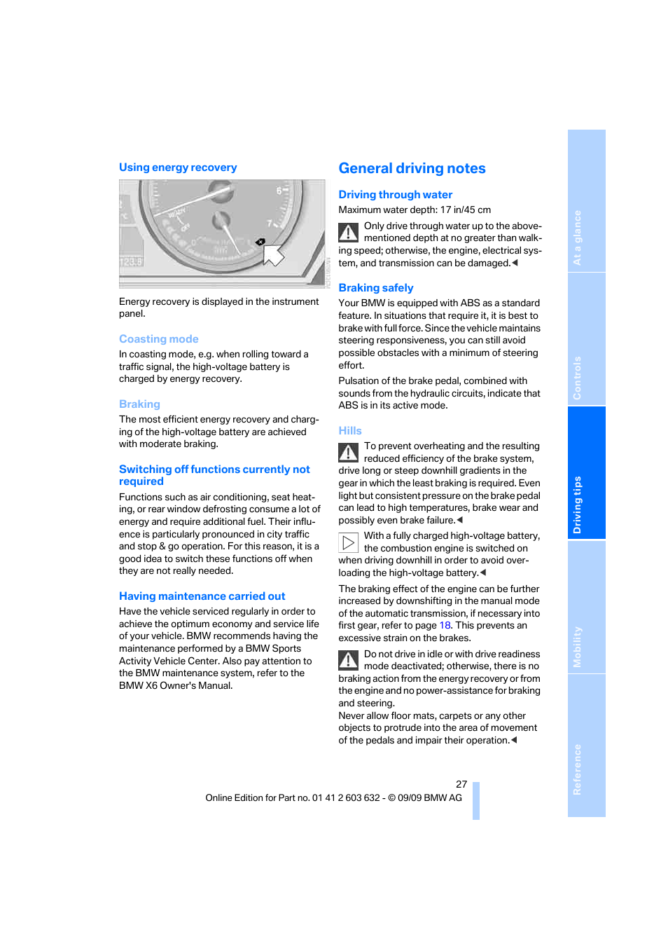 General driving notes | BMW ActiveHybrid X6 2010 User Manual | Page 29 / 54