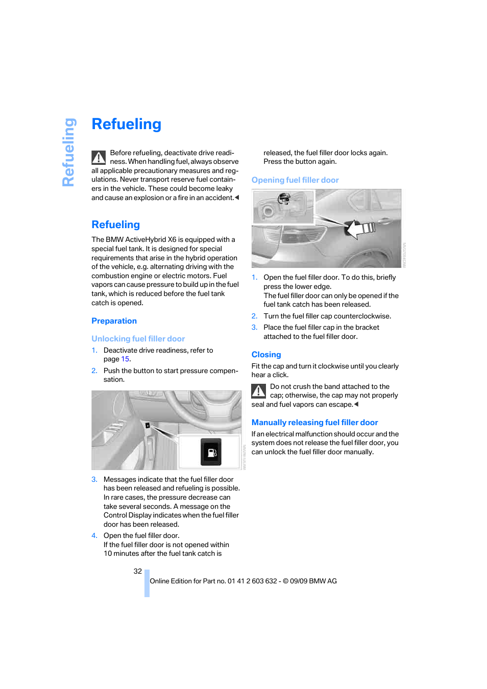 Refueling, Ilit, Re fueling | BMW ActiveHybrid X6 2010 User Manual | Page 34 / 54