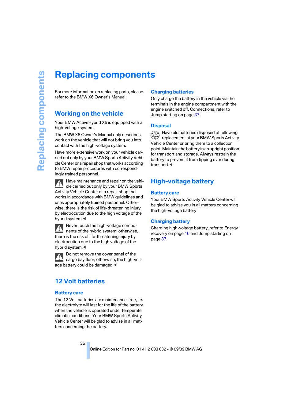 Replacing components, Working on the vehicle, 12 volt batteries | High-voltage battery | BMW ActiveHybrid X6 2010 User Manual | Page 38 / 54