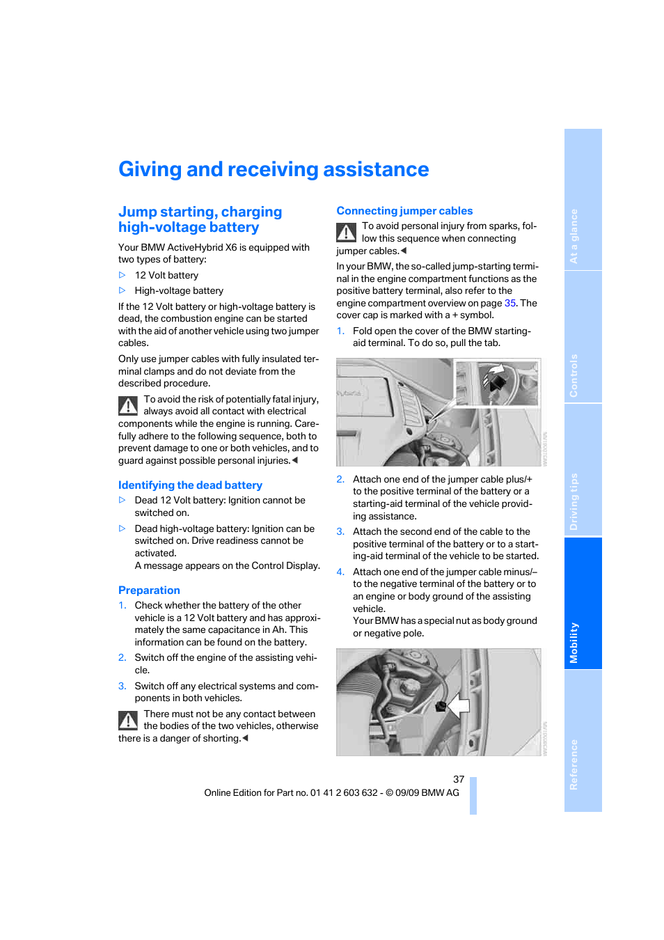 Giving and receiving assistance, Jump starting, charging high-voltage battery | BMW ActiveHybrid X6 2010 User Manual | Page 39 / 54