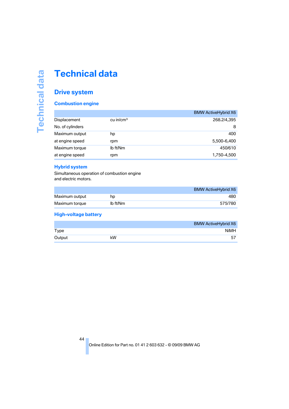 Technical data, Drive system | BMW ActiveHybrid X6 2010 User Manual | Page 46 / 54