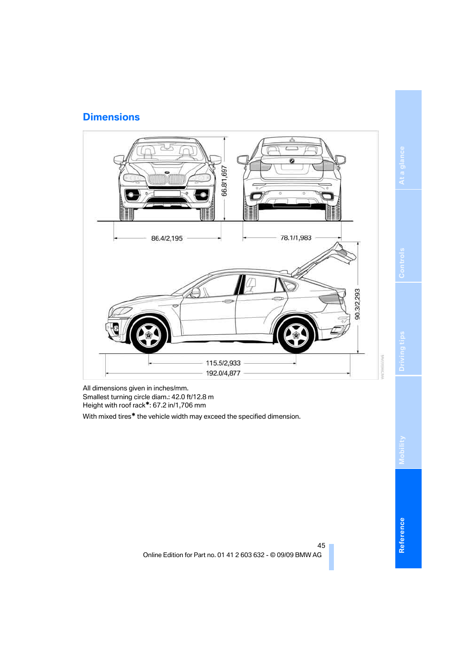 Dimensions | BMW ActiveHybrid X6 2010 User Manual | Page 47 / 54
