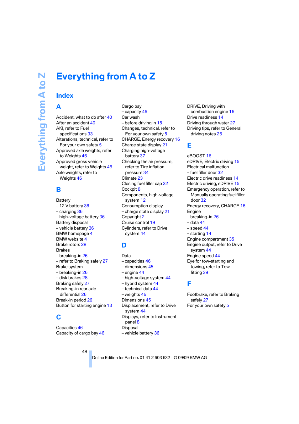 Everything from a to z, Index, Index a | BMW ActiveHybrid X6 2010 User Manual | Page 50 / 54