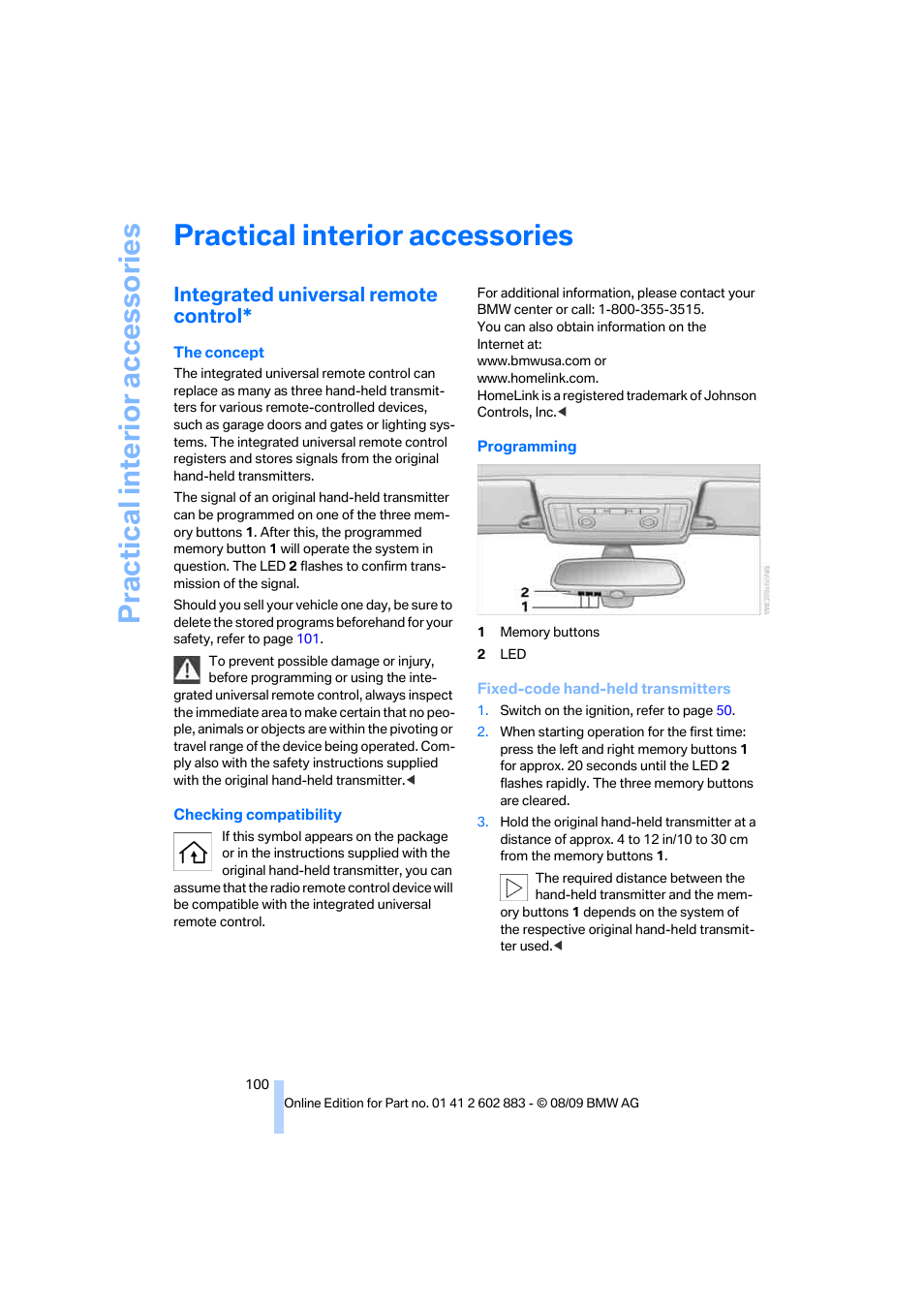 Practical interior accessories, Integrated universal remote control | BMW Z4 sDrive35i 2010 User Manual | Page 102 / 254