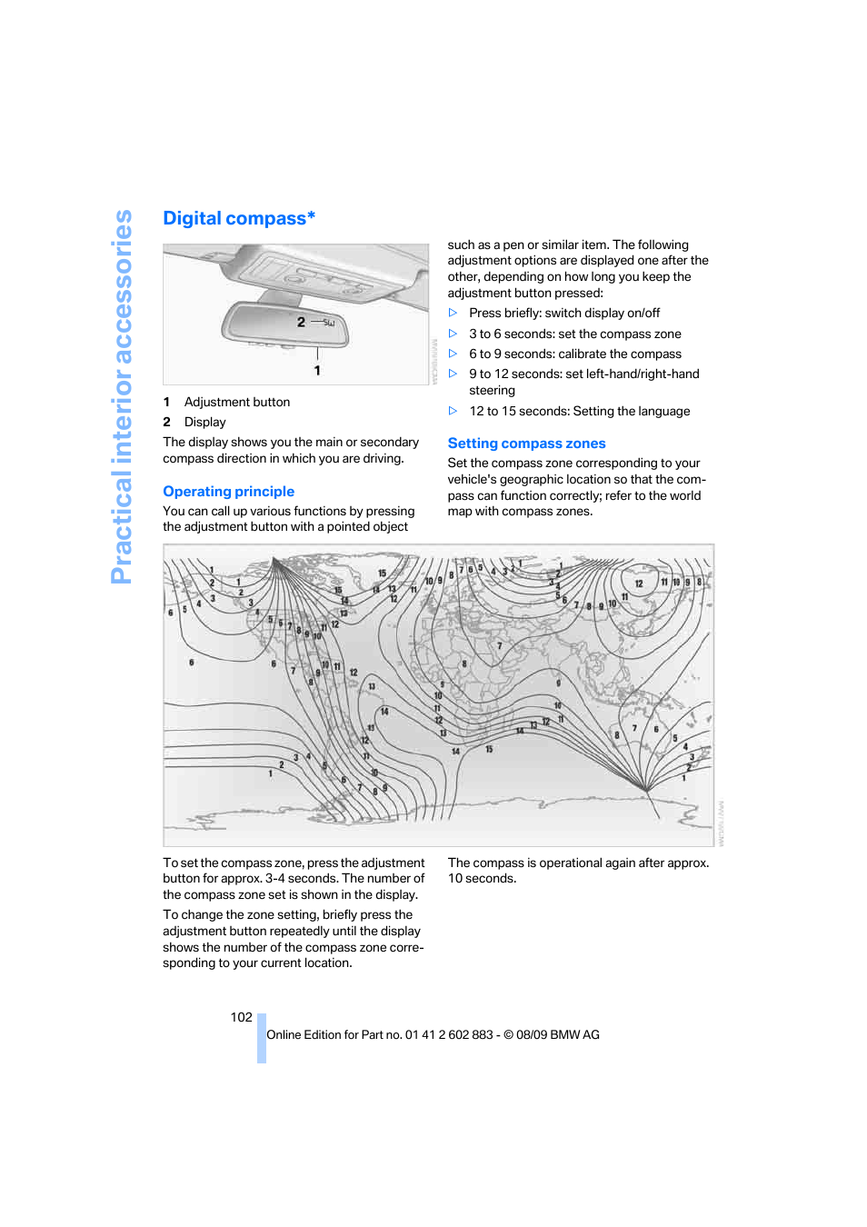 Digital compass, Practical interior accessories | BMW Z4 sDrive35i 2010 User Manual | Page 104 / 254