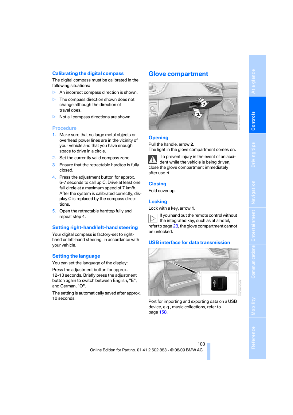 Glove compartment | BMW Z4 sDrive35i 2010 User Manual | Page 105 / 254