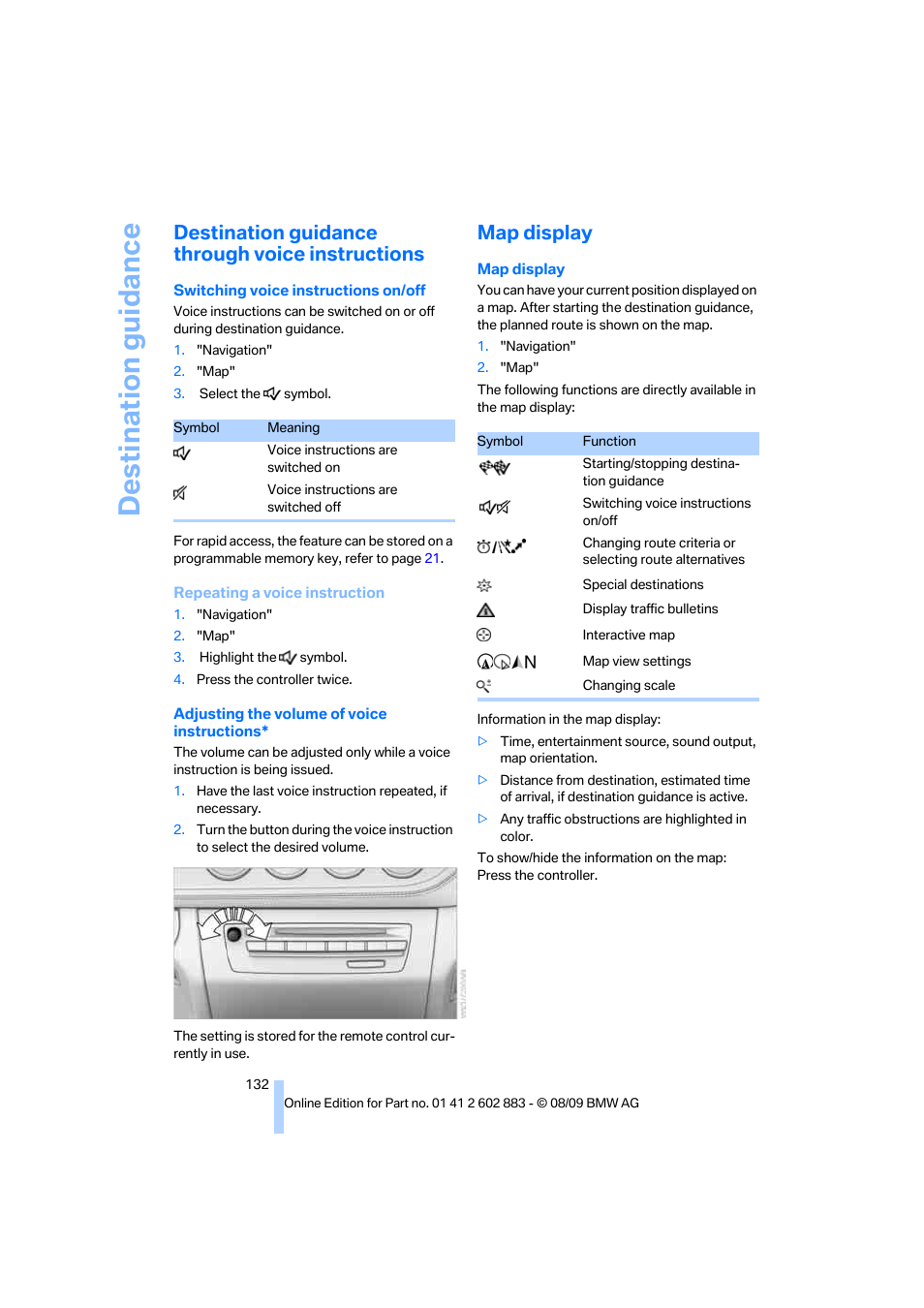 Destination guidance through voice instructions, Map display, Destination guidance | BMW Z4 sDrive35i 2010 User Manual | Page 134 / 254