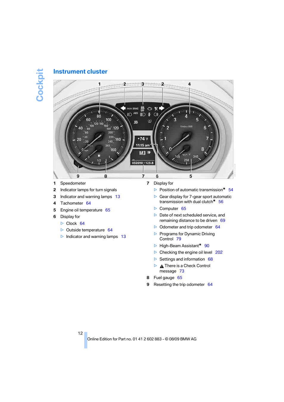 Instrument cluster, Cockpit | BMW Z4 sDrive35i 2010 User Manual | Page 14 / 254