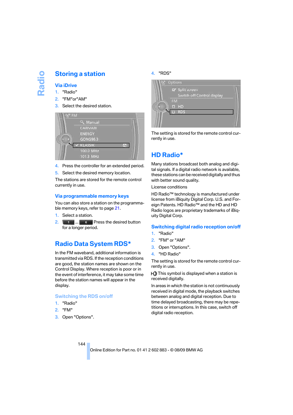 Storing a station, Radio data system rds, Hd radio | Radi o | BMW Z4 sDrive35i 2010 User Manual | Page 146 / 254