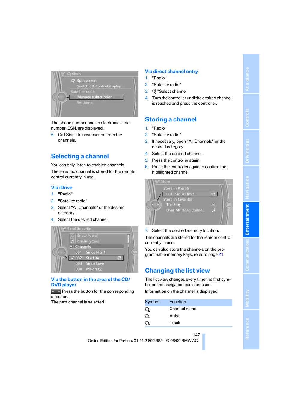 Selecting a channel, Storing a channel, Changing the list view | BMW Z4 sDrive35i 2010 User Manual | Page 149 / 254