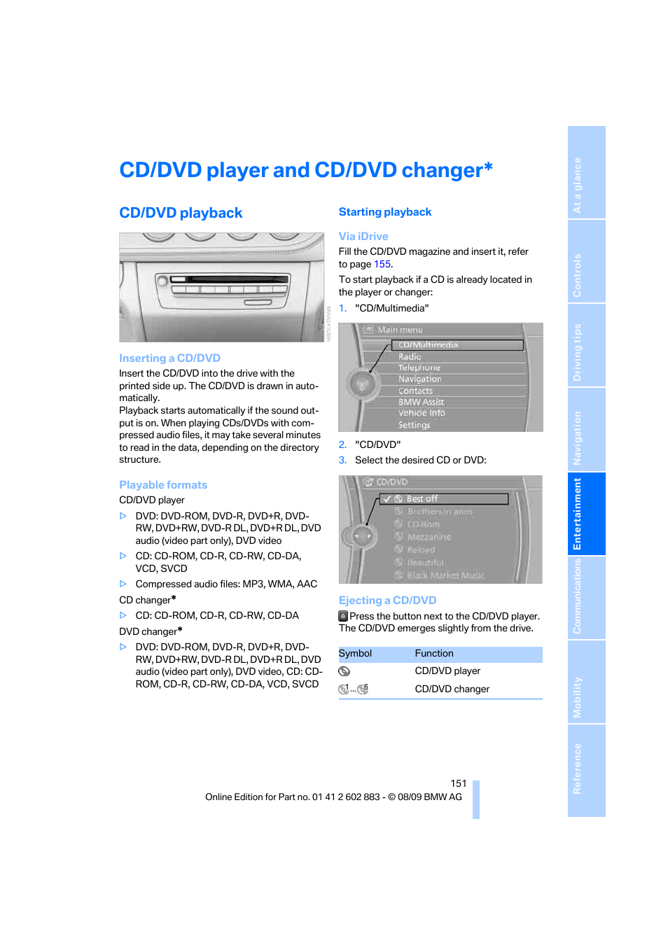 Cd/dvd player and cd/dvd changer, Cd/dvd playback | BMW Z4 sDrive35i 2010 User Manual | Page 153 / 254