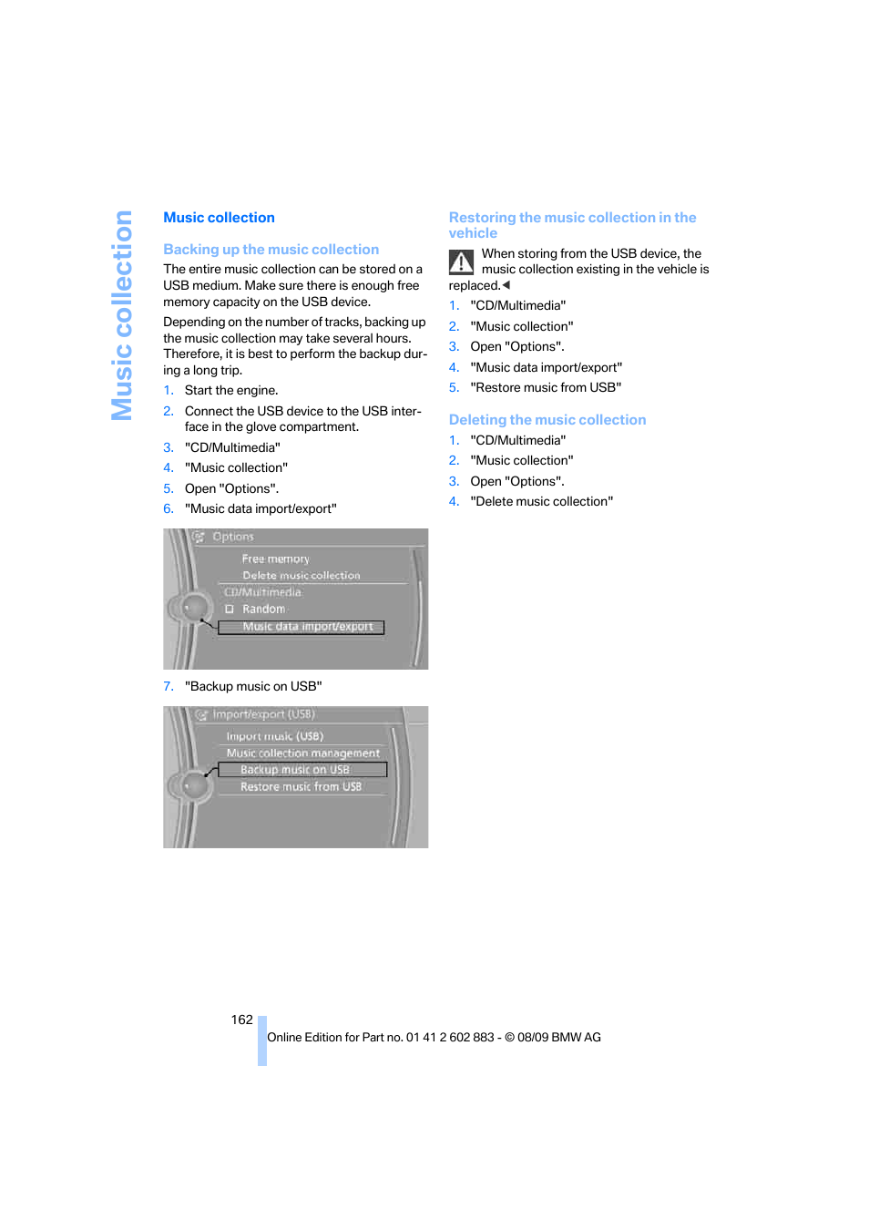 Music collection | BMW Z4 sDrive35i 2010 User Manual | Page 164 / 254
