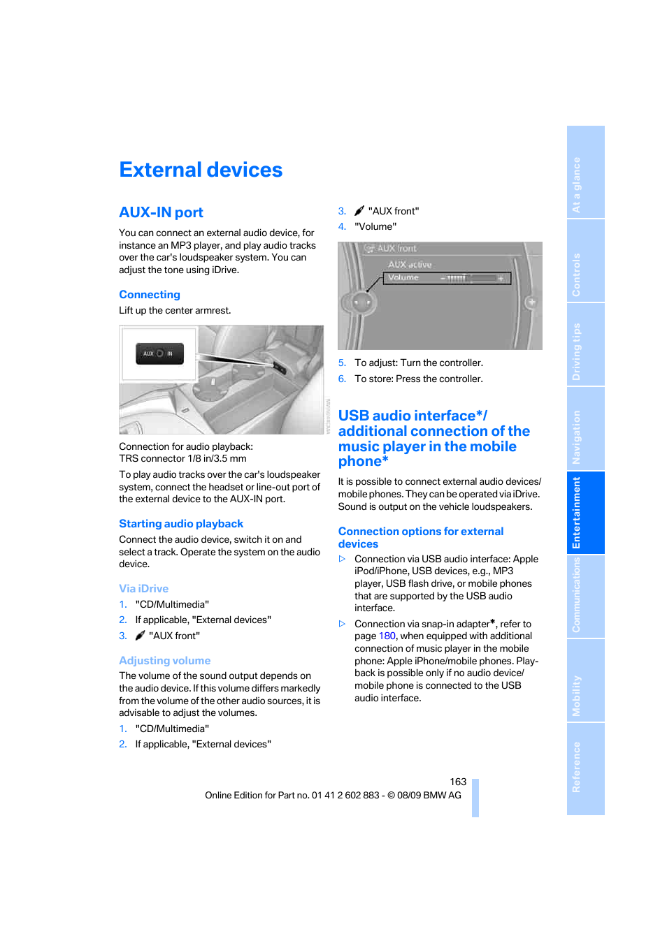 External devices, Aux-in port | BMW Z4 sDrive35i 2010 User Manual | Page 165 / 254