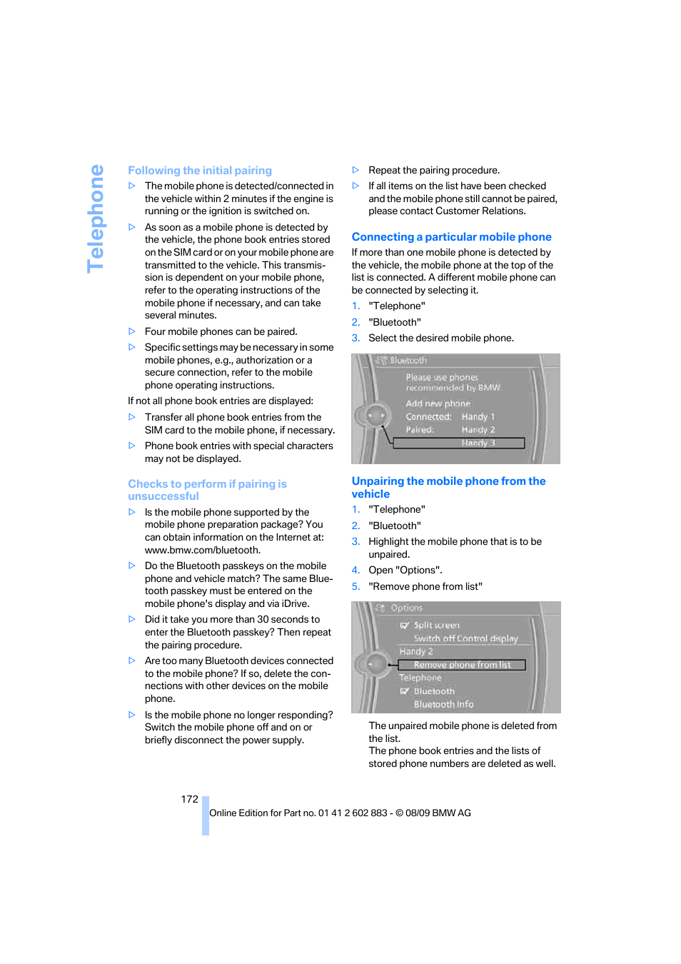 Te lephone | BMW Z4 sDrive35i 2010 User Manual | Page 174 / 254