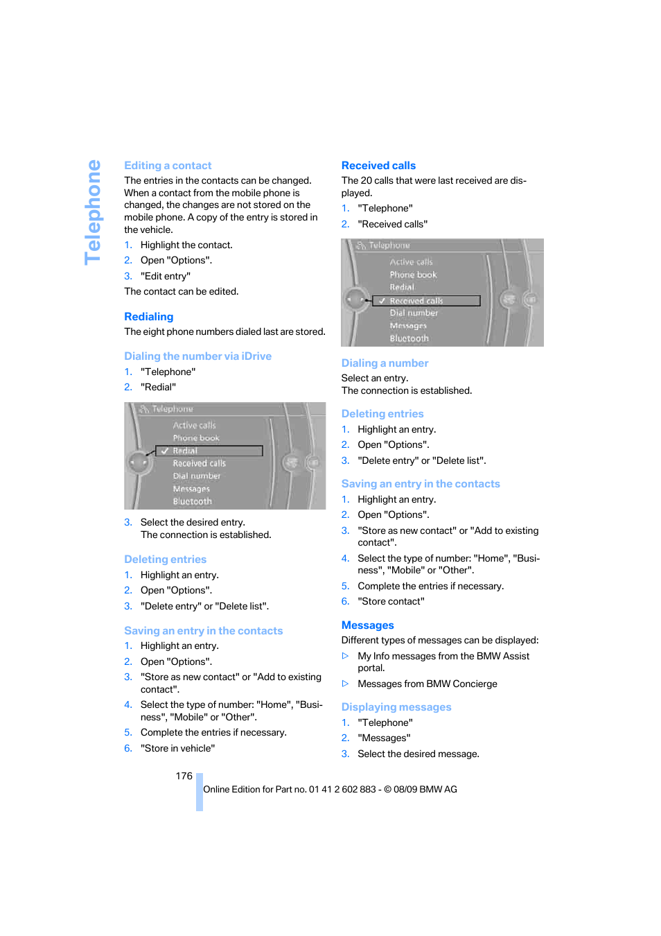Te lephone | BMW Z4 sDrive35i 2010 User Manual | Page 178 / 254