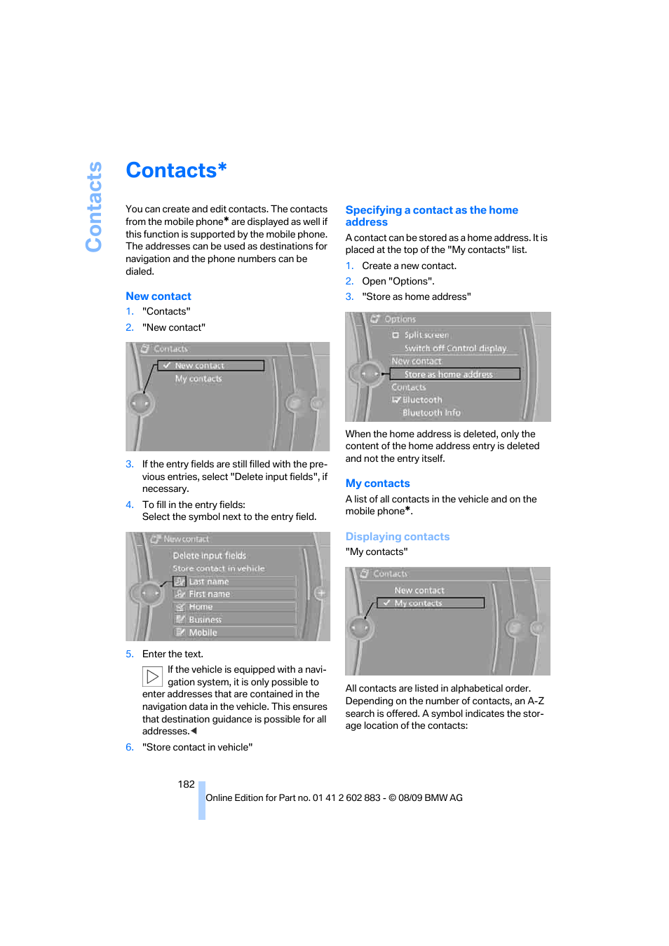 Contacts | BMW Z4 sDrive35i 2010 User Manual | Page 184 / 254