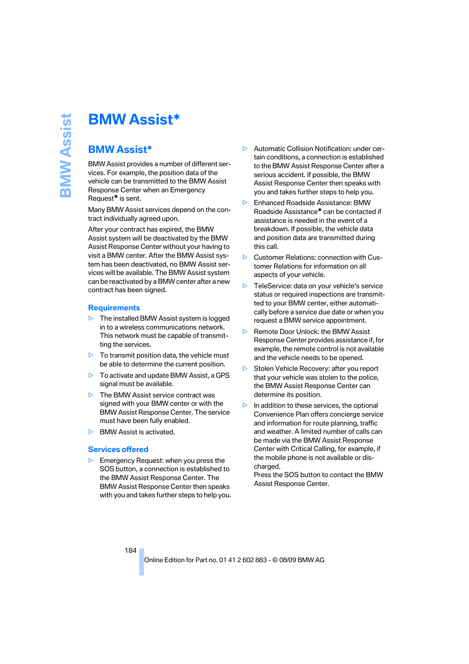 Bmw assist | BMW Z4 sDrive35i 2010 User Manual | Page 186 / 254