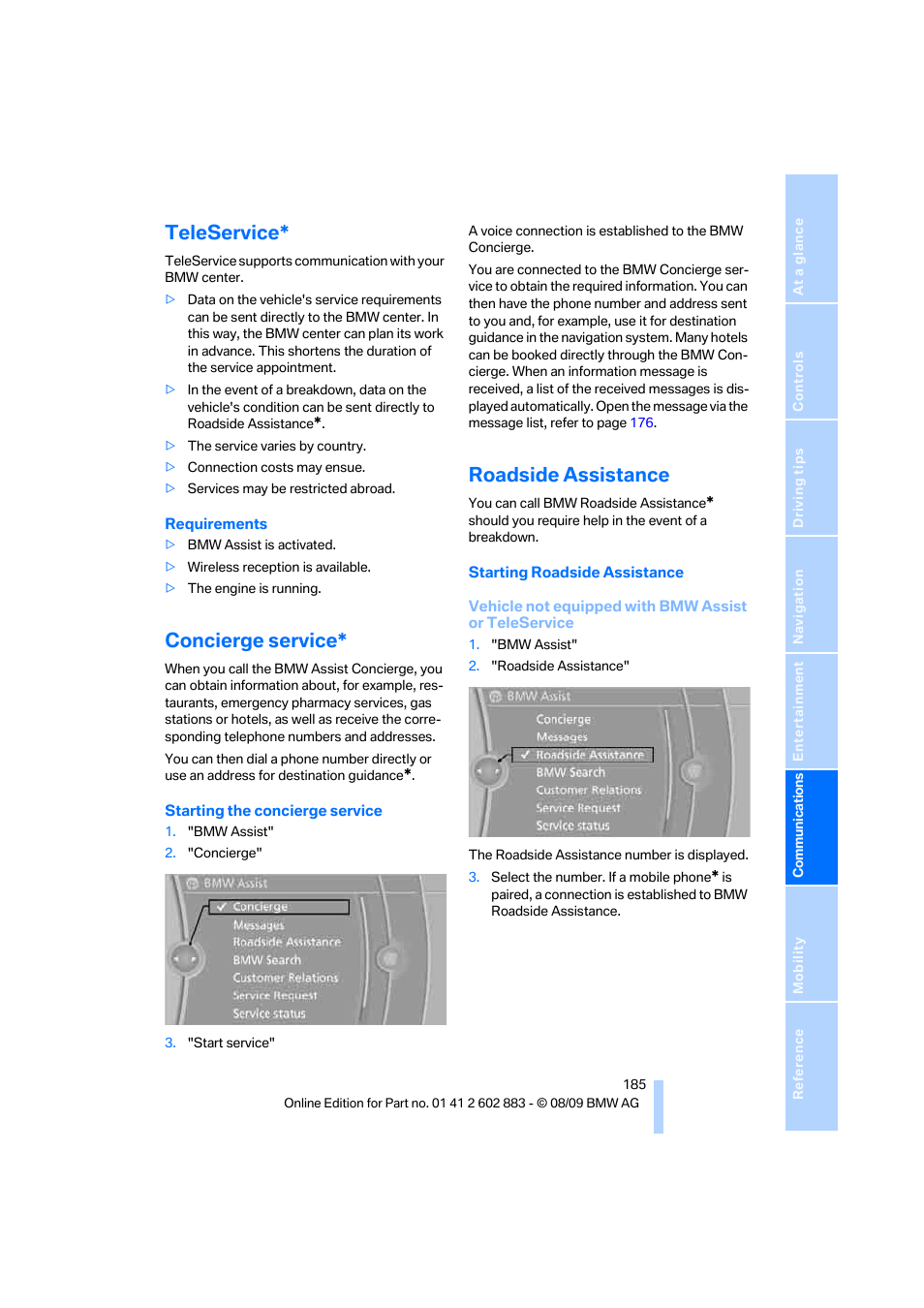Teleservice, Concierge service, Roadside assistance | BMW Z4 sDrive35i 2010 User Manual | Page 187 / 254