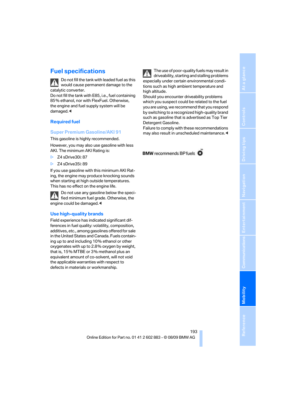 Fuel specifications | BMW Z4 sDrive35i 2010 User Manual | Page 195 / 254