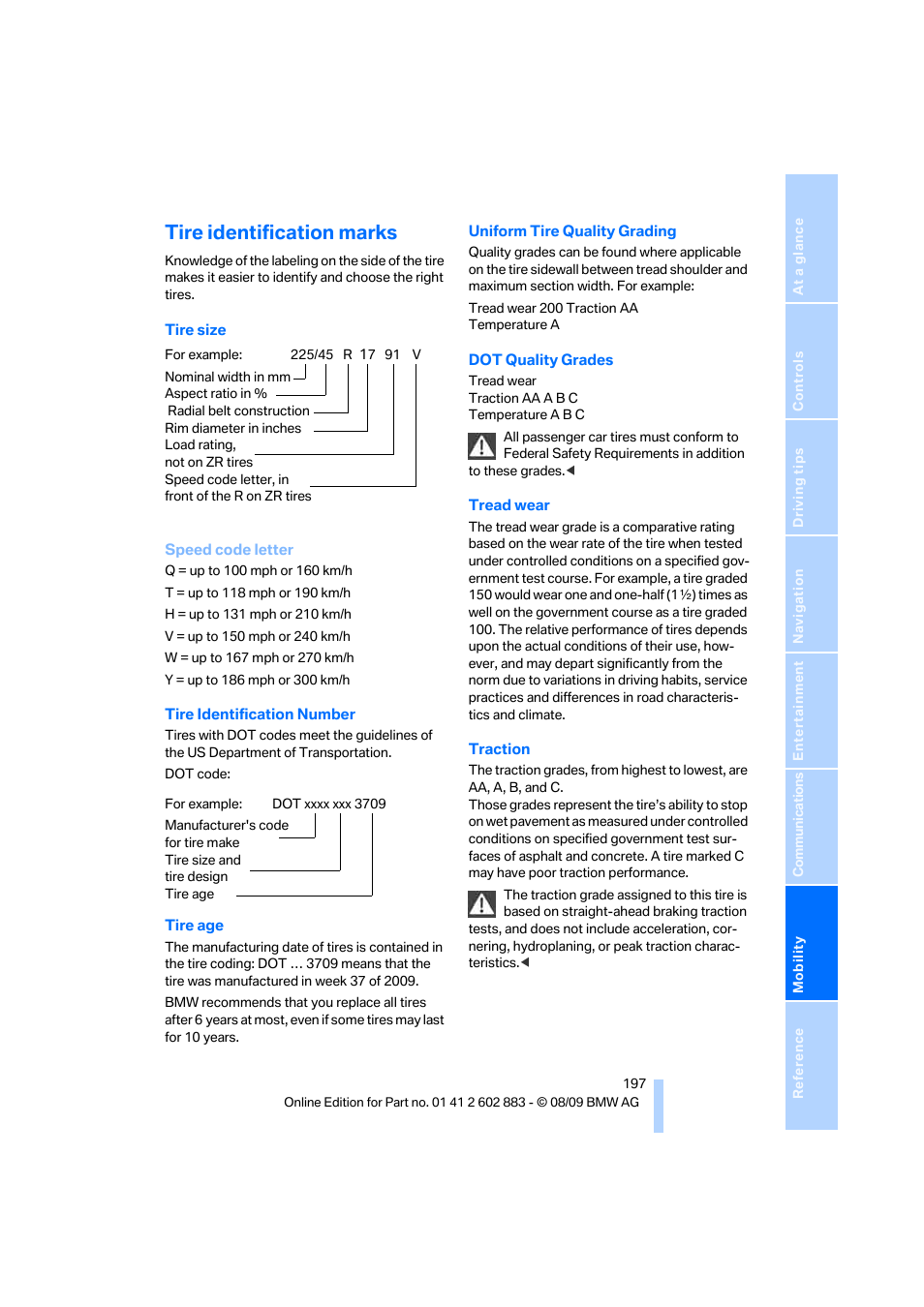Tire identification marks | BMW Z4 sDrive35i 2010 User Manual | Page 199 / 254