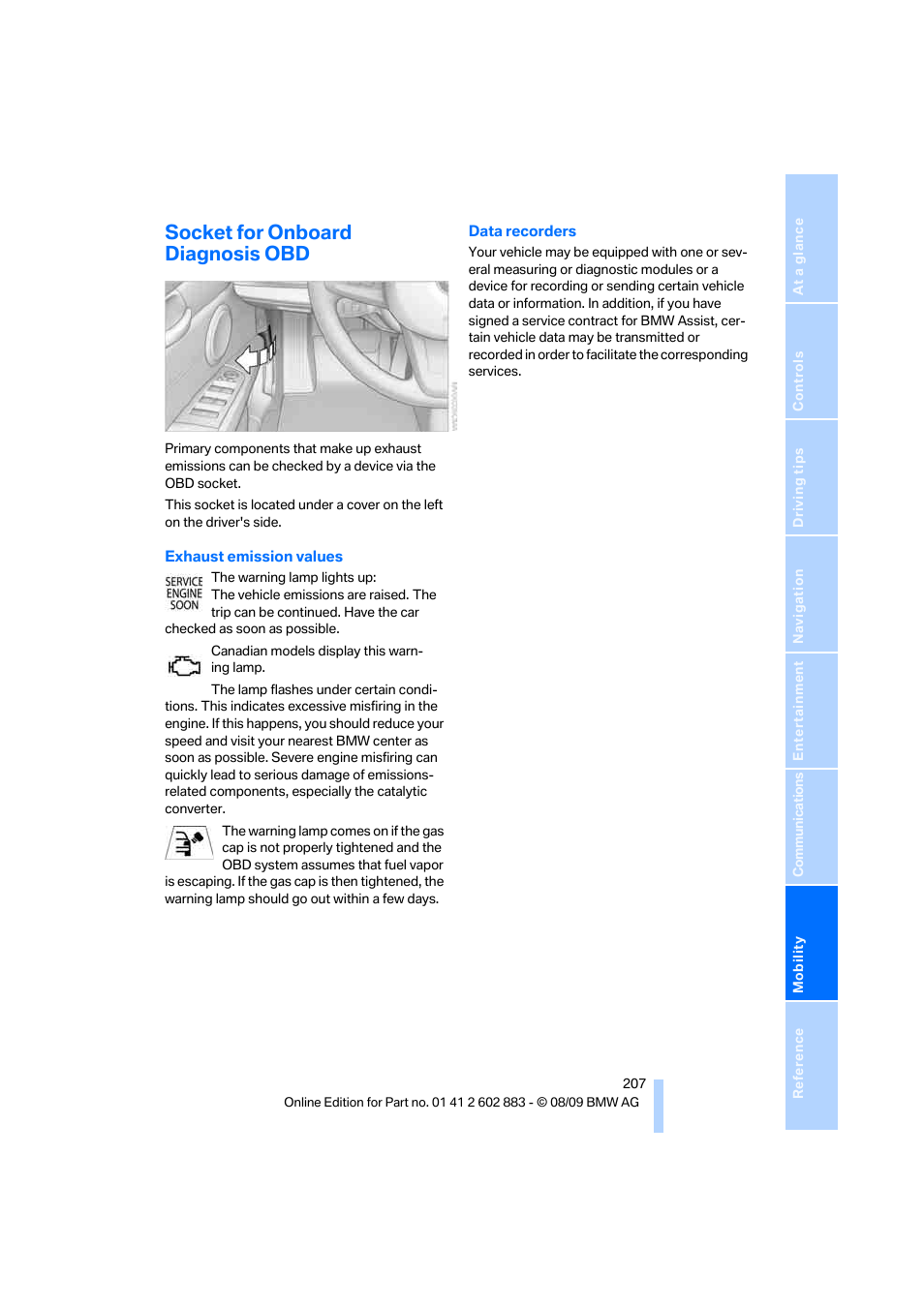 Socket for onboard diagnosis obd, Issions, Emissions | BMW Z4 sDrive35i 2010 User Manual | Page 209 / 254