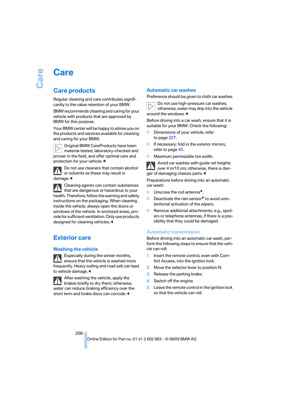 Care, Care products, Exterior care | BMW Z4 sDrive35i 2010 User Manual | Page 210 / 254