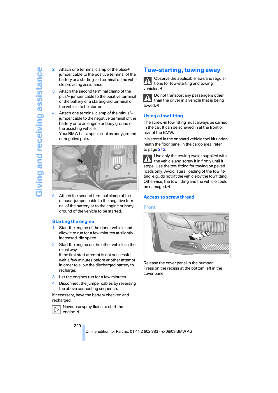 Tow-starting, towing away, Giving and receiving assistance | BMW Z4 sDrive35i 2010 User Manual | Page 222 / 254