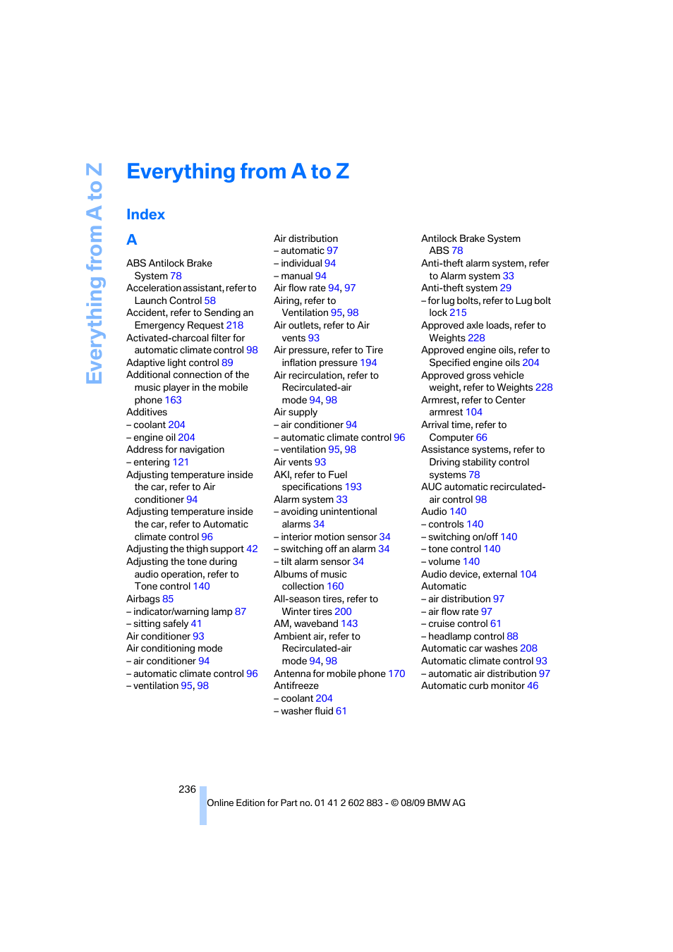 Everything from a to z, Index, Index a | BMW Z4 sDrive35i 2010 User Manual | Page 238 / 254