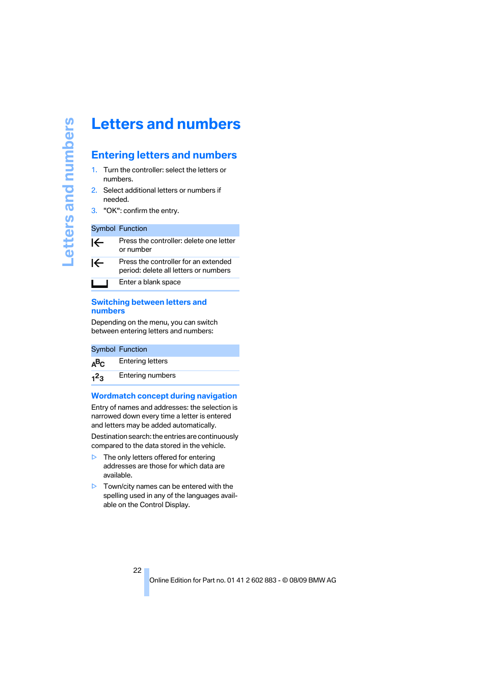 Letters and numbers, Entering letters and numbers | BMW Z4 sDrive35i 2010 User Manual | Page 24 / 254